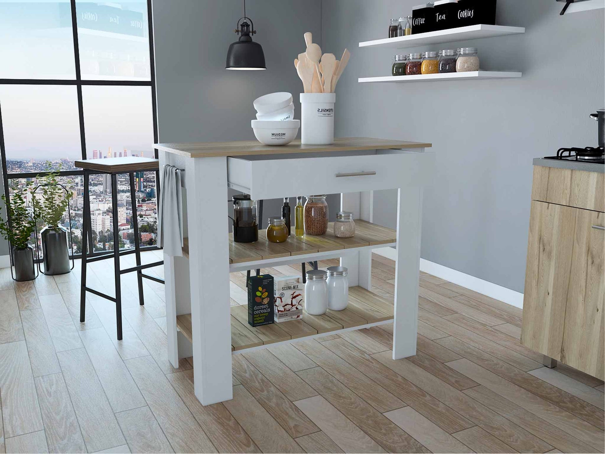 HomeRoots Kitchen Island With Drawer And 2 Open Shelves With Light Oak and White Finish