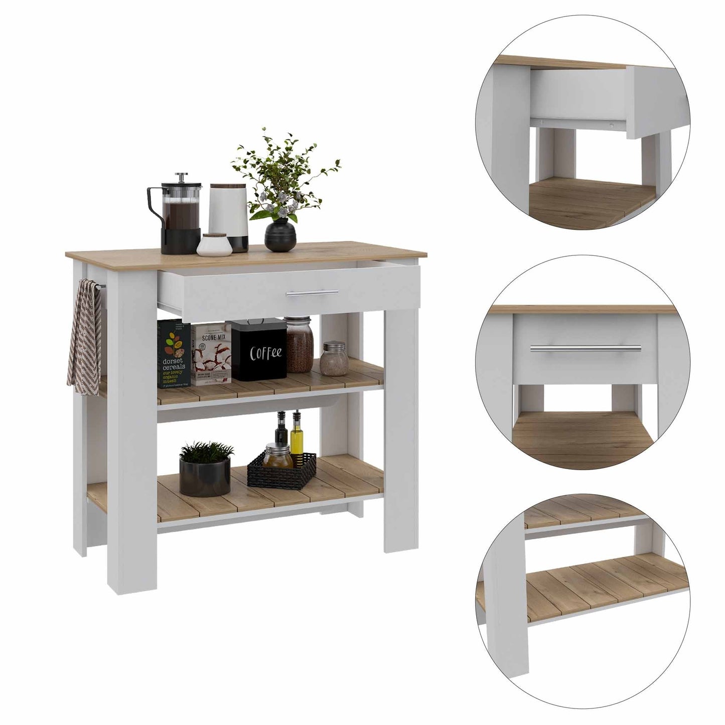 HomeRoots Kitchen Island With Drawer And 2 Open Shelves With Light Oak and White Finish