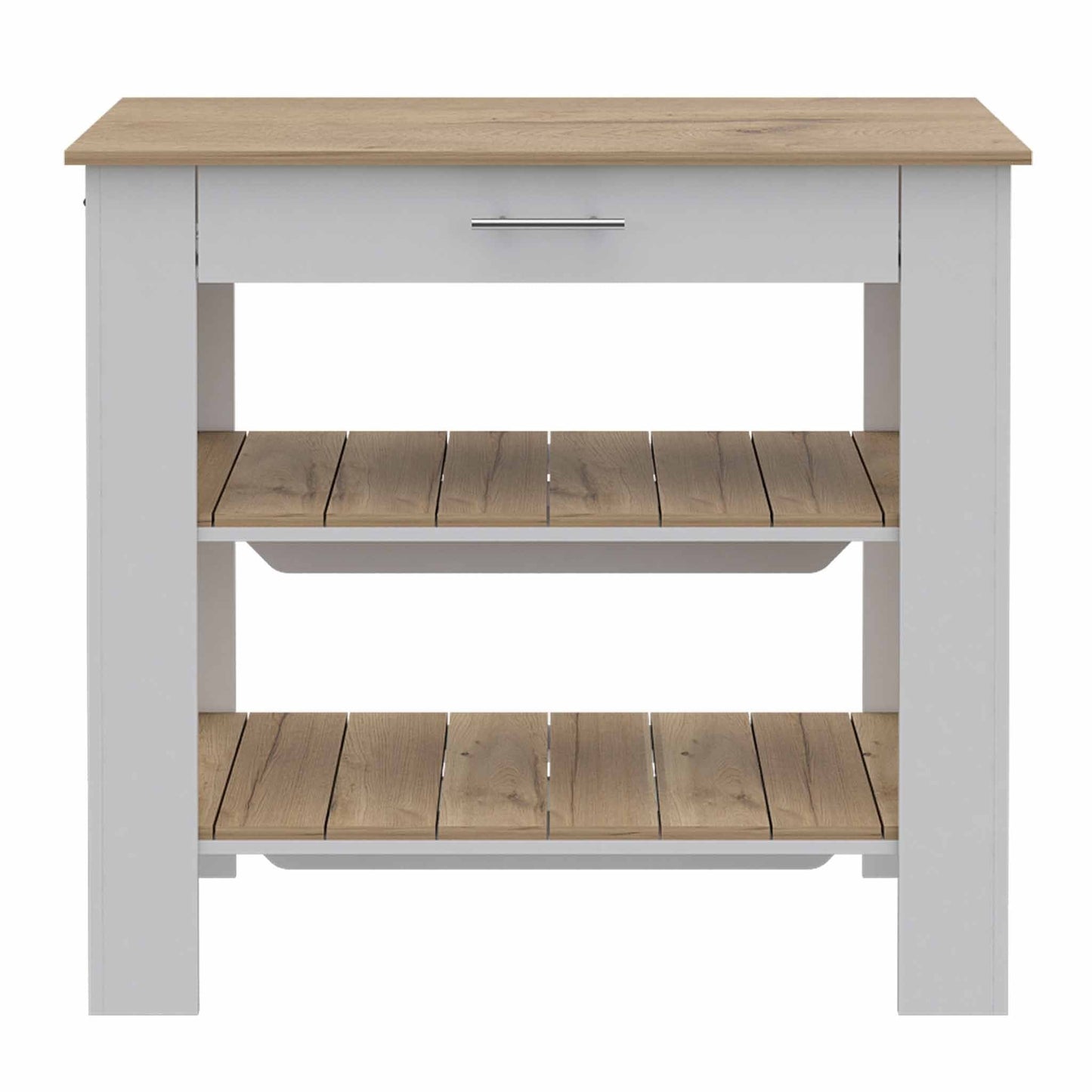 HomeRoots Kitchen Island With Drawer And 2 Open Shelves With Light Oak and White Finish