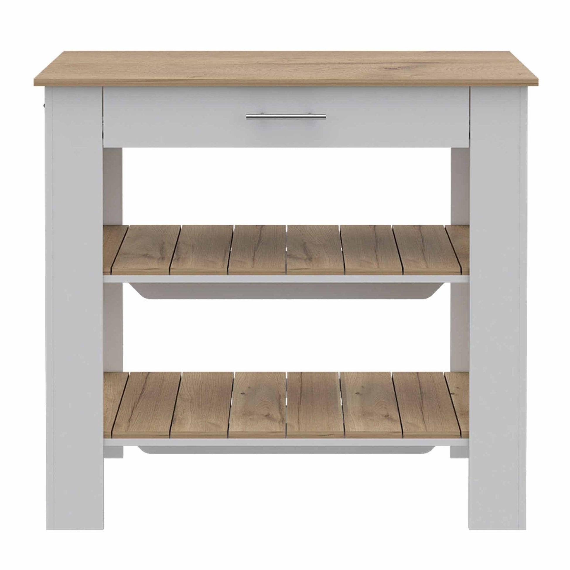 HomeRoots Kitchen Island With Drawer And 2 Open Shelves With Light Oak and White Finish