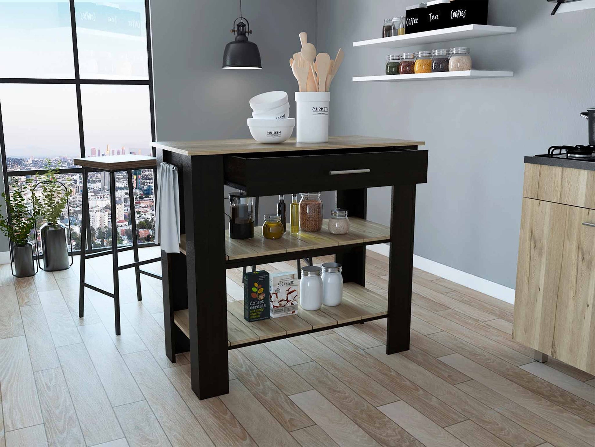 HomeRoots Kitchen Island With Drawer And 2 Open Shelves in Light Oak And Black Finish