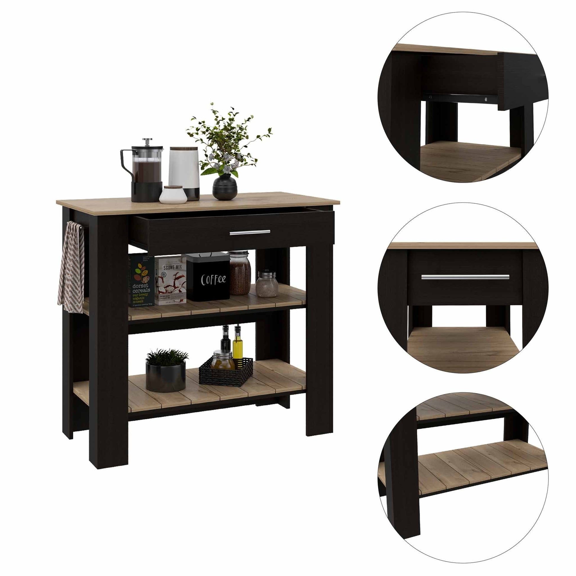 HomeRoots Kitchen Island With Drawer And 2 Open Shelves in Light Oak And Black Finish