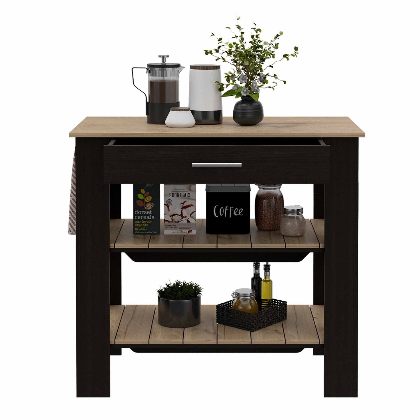 HomeRoots Kitchen Island With Drawer And 2 Open Shelves in Light Oak And Black Finish