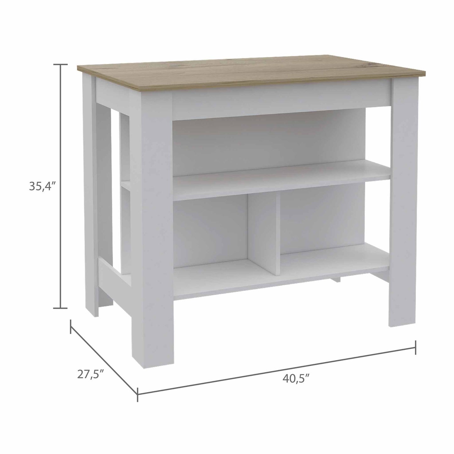 HomeRoots Kitchen Island With Three Storage Shelves With Light Oak And White Finish