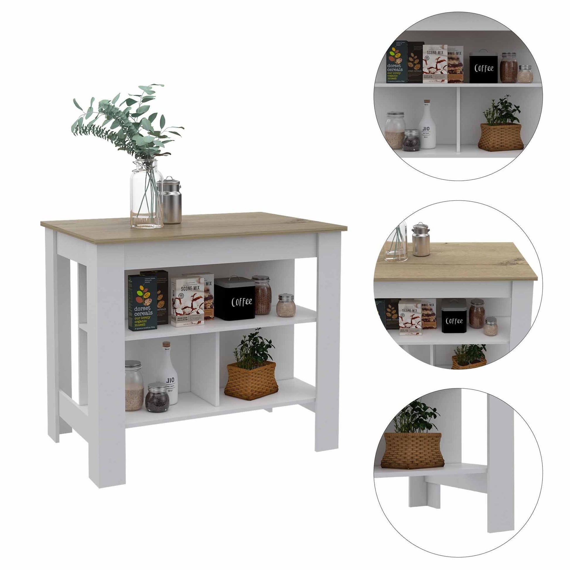 HomeRoots Kitchen Island With Three Storage Shelves With Light Oak And White Finish