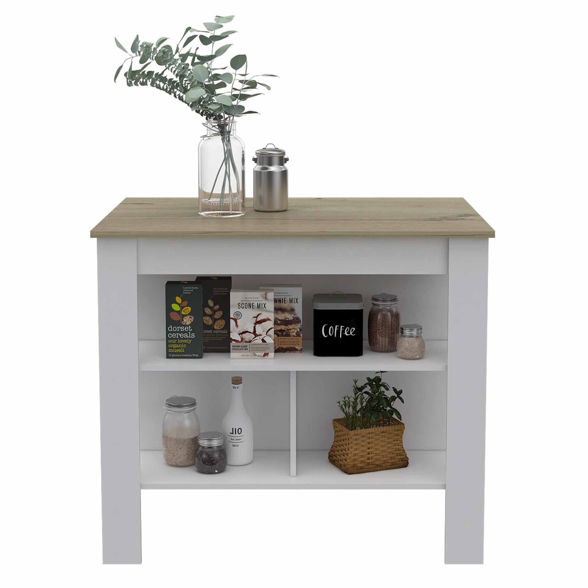 HomeRoots Kitchen Island With Three Storage Shelves With Light Oak And White Finish