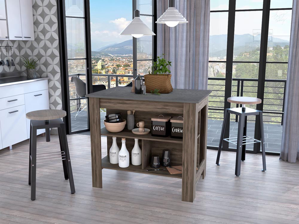 HomeRoots Kitchen Island With Three Storage Shelves in Dark Brown and Onyx Finish