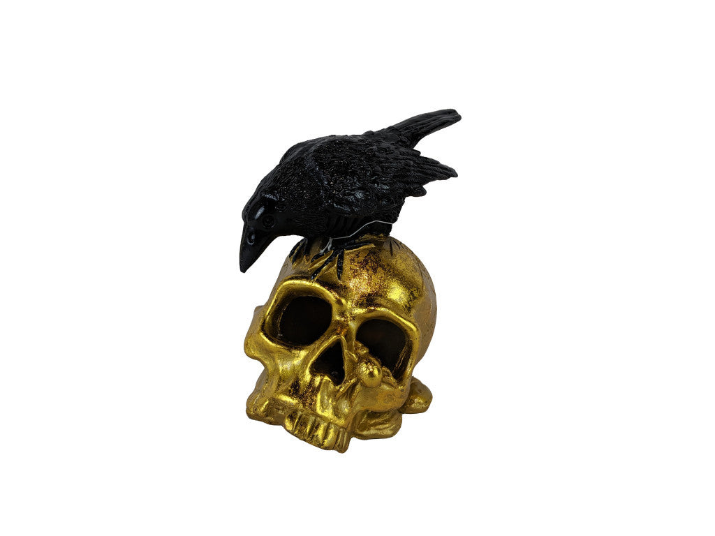 HomeRoots LED Gold Skull and Black Crow Sculpture