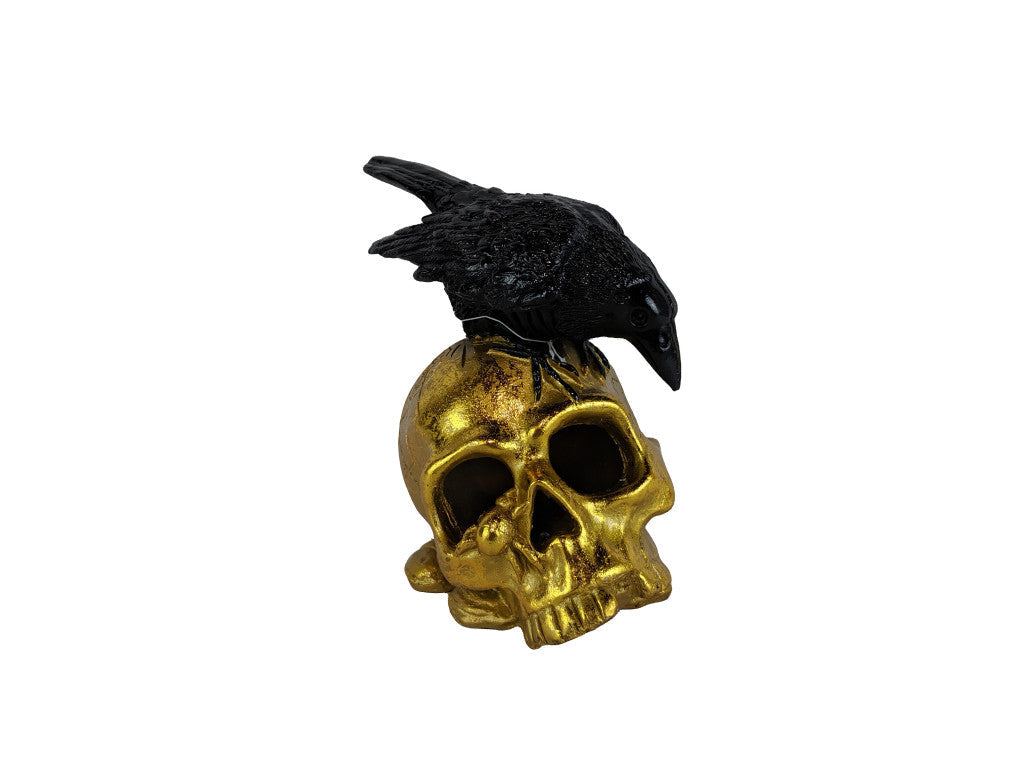 HomeRoots LED Gold Skull and Black Crow Sculpture