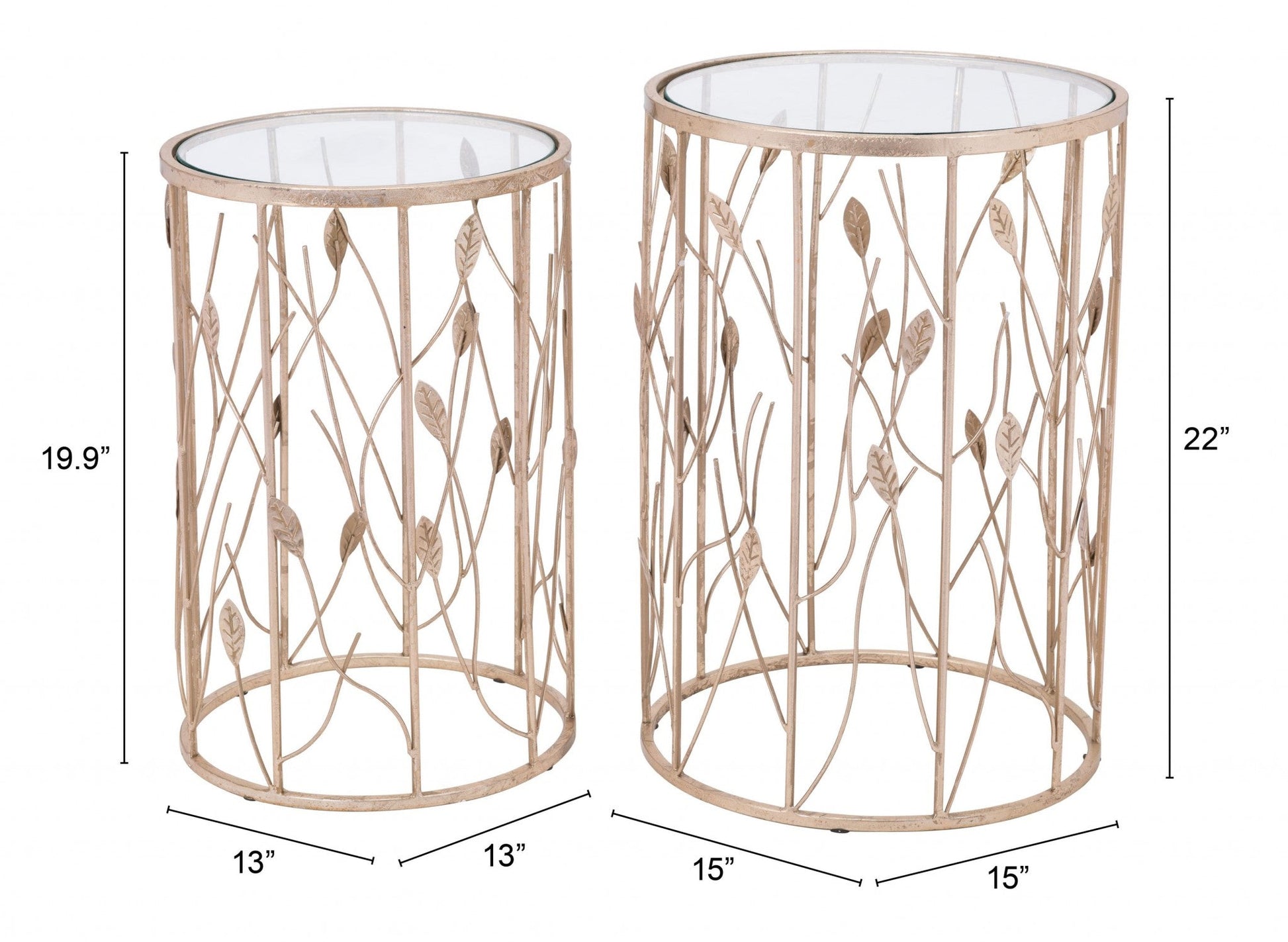 HomeRoots Leaf Gold and Glass Side Tables in Set of Two