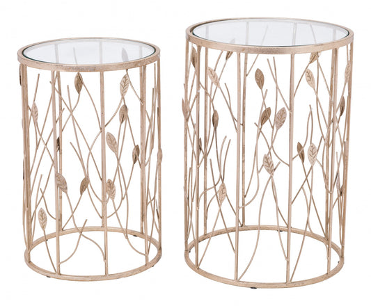 HomeRoots Leaf Gold and Glass Side Tables in Set of Two