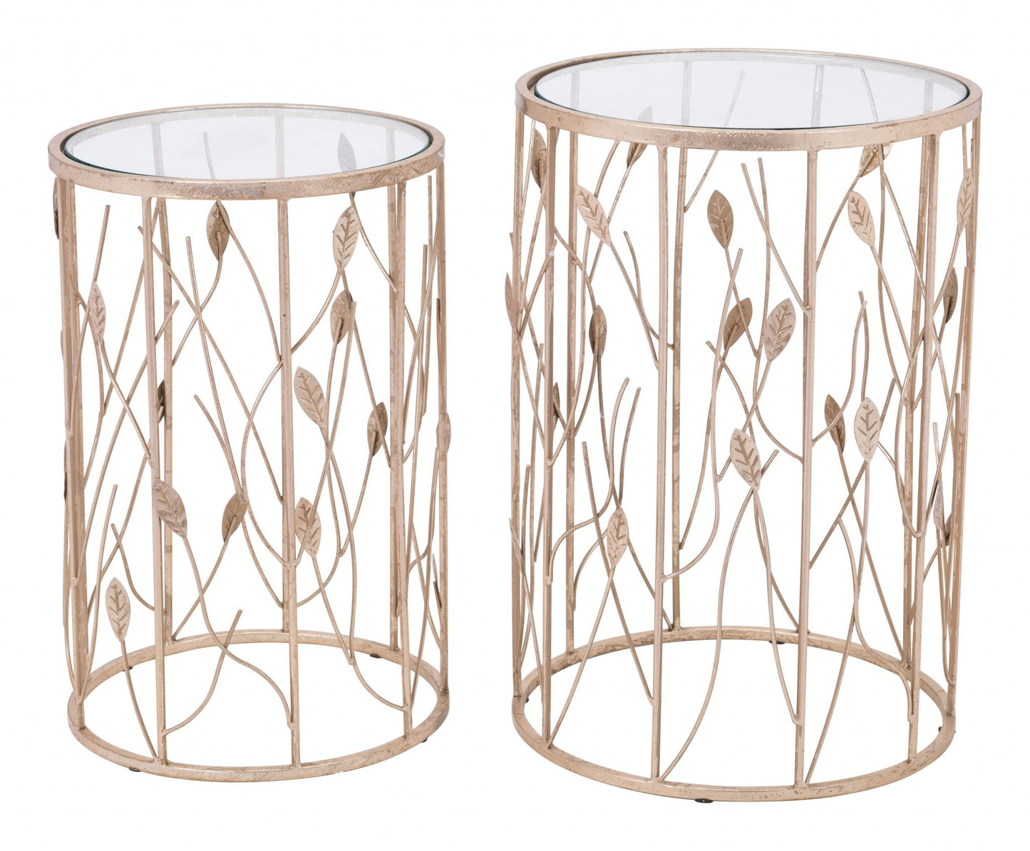 HomeRoots Leaf Gold and Glass Side Tables in Set of Two