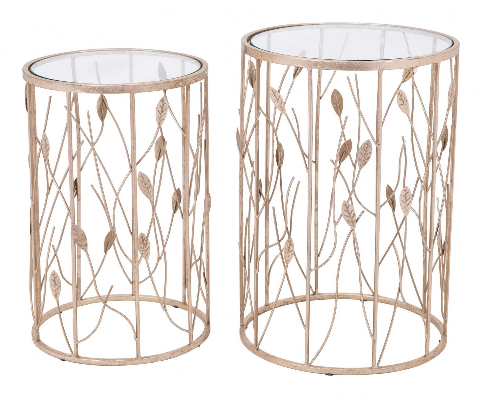 HomeRoots Leaf Gold and Glass Side Tables in Set of Two