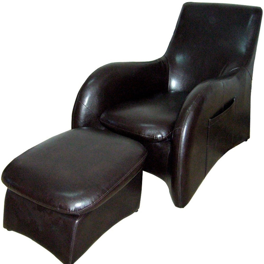 HomeRoots Leather Modern Armchair With Ottoman in Lush Brown Finish