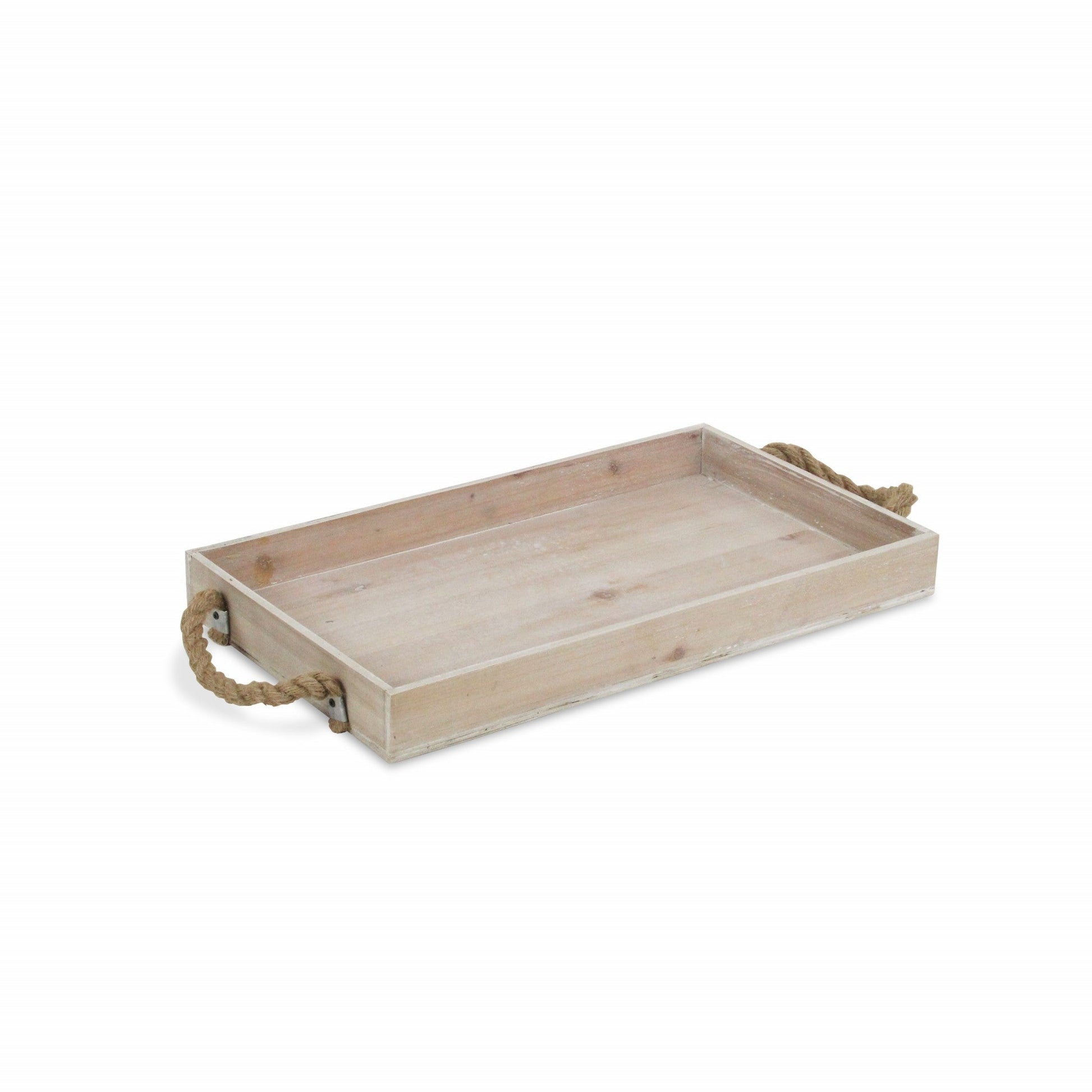 HomeRoots Light Gray Wooden Tray With Rope Handles