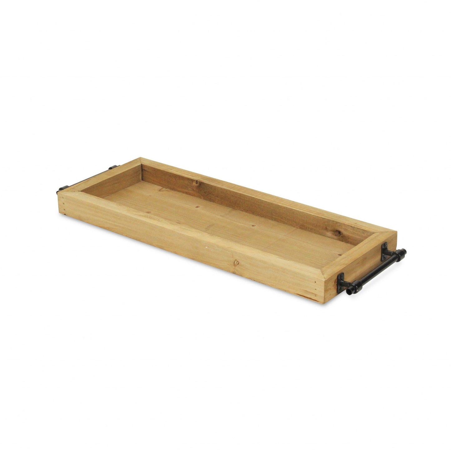 HomeRoots Long Wood Tray With Metal Handles in Brown Finish