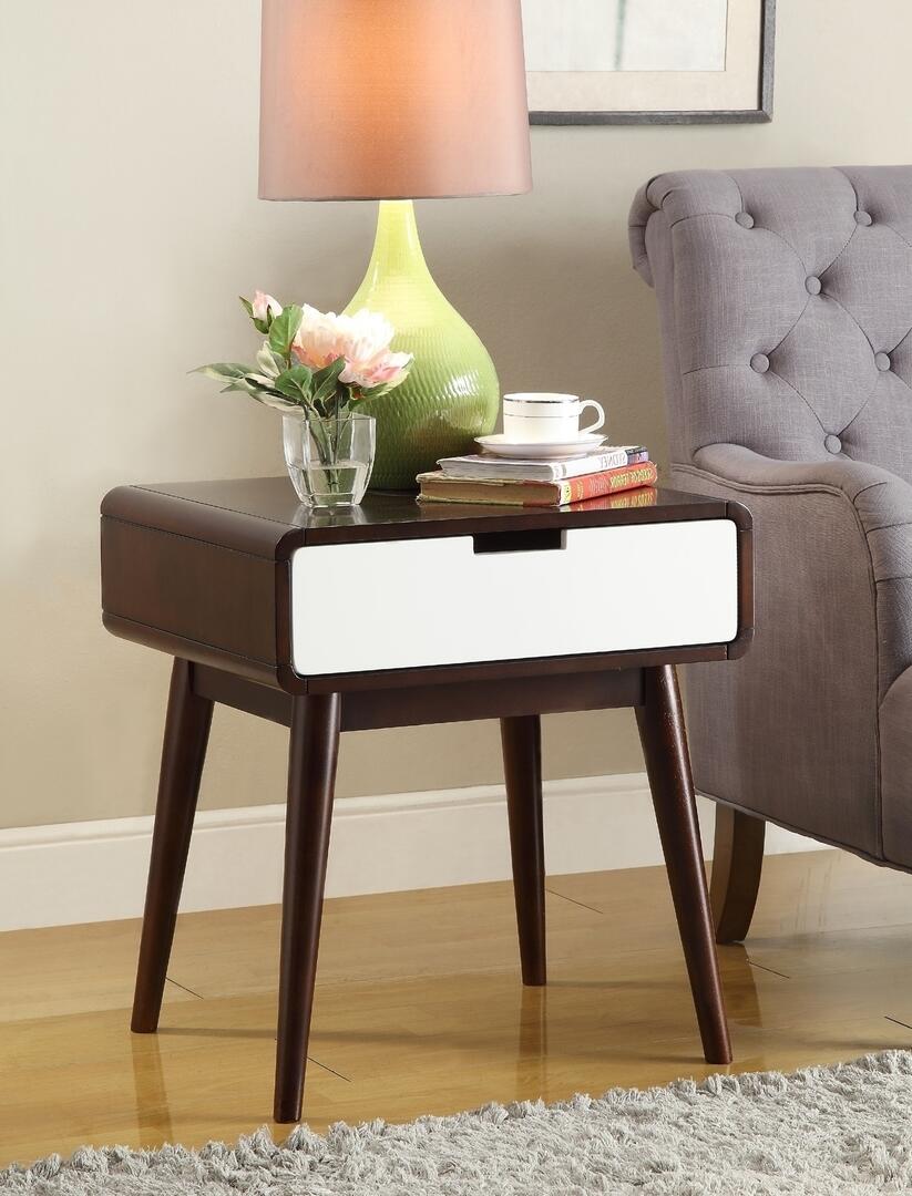 HomeRoots Mahogony and White USB Side Table with Drawer
