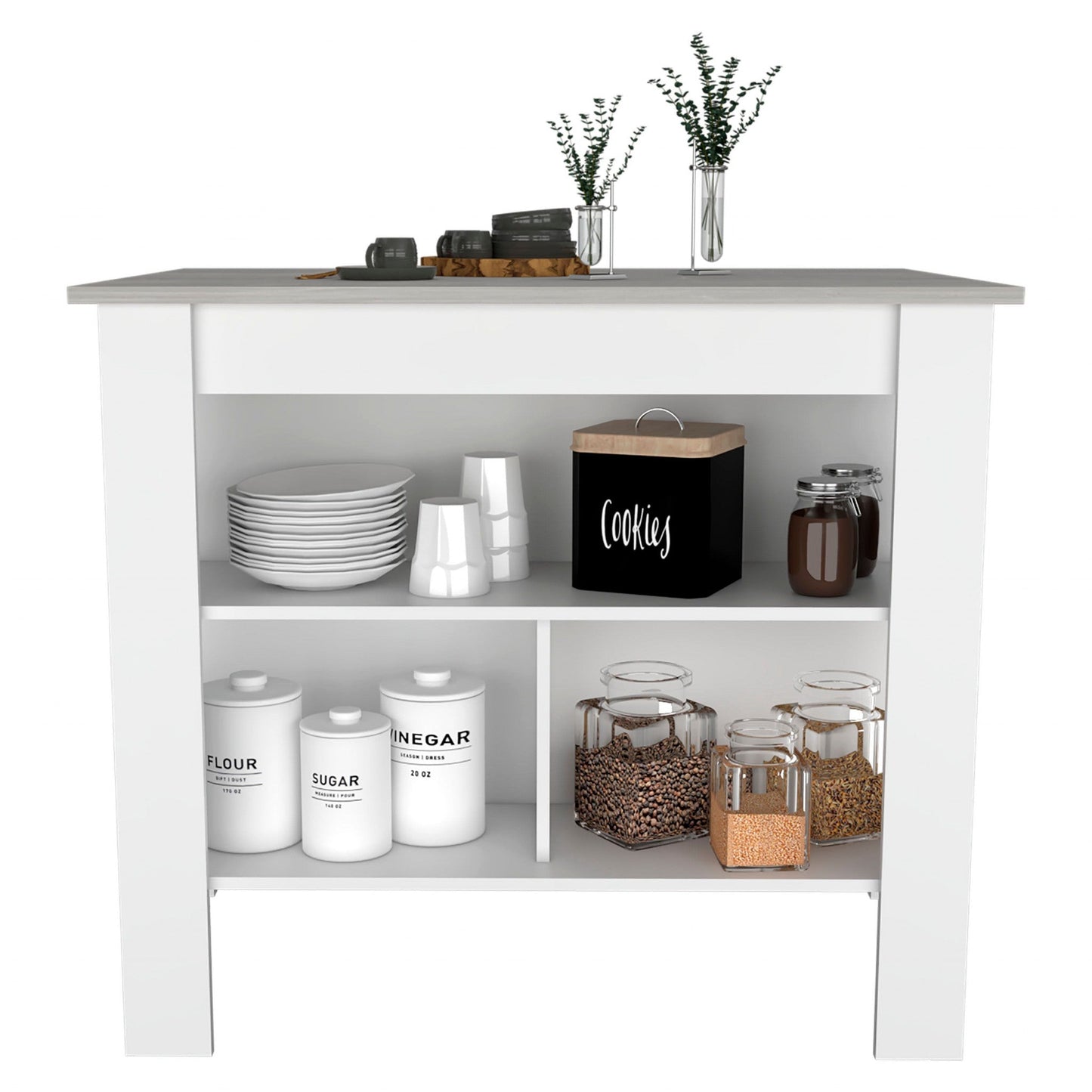 HomeRoots Marble And White Kitchen Island With Three Storage Shelves