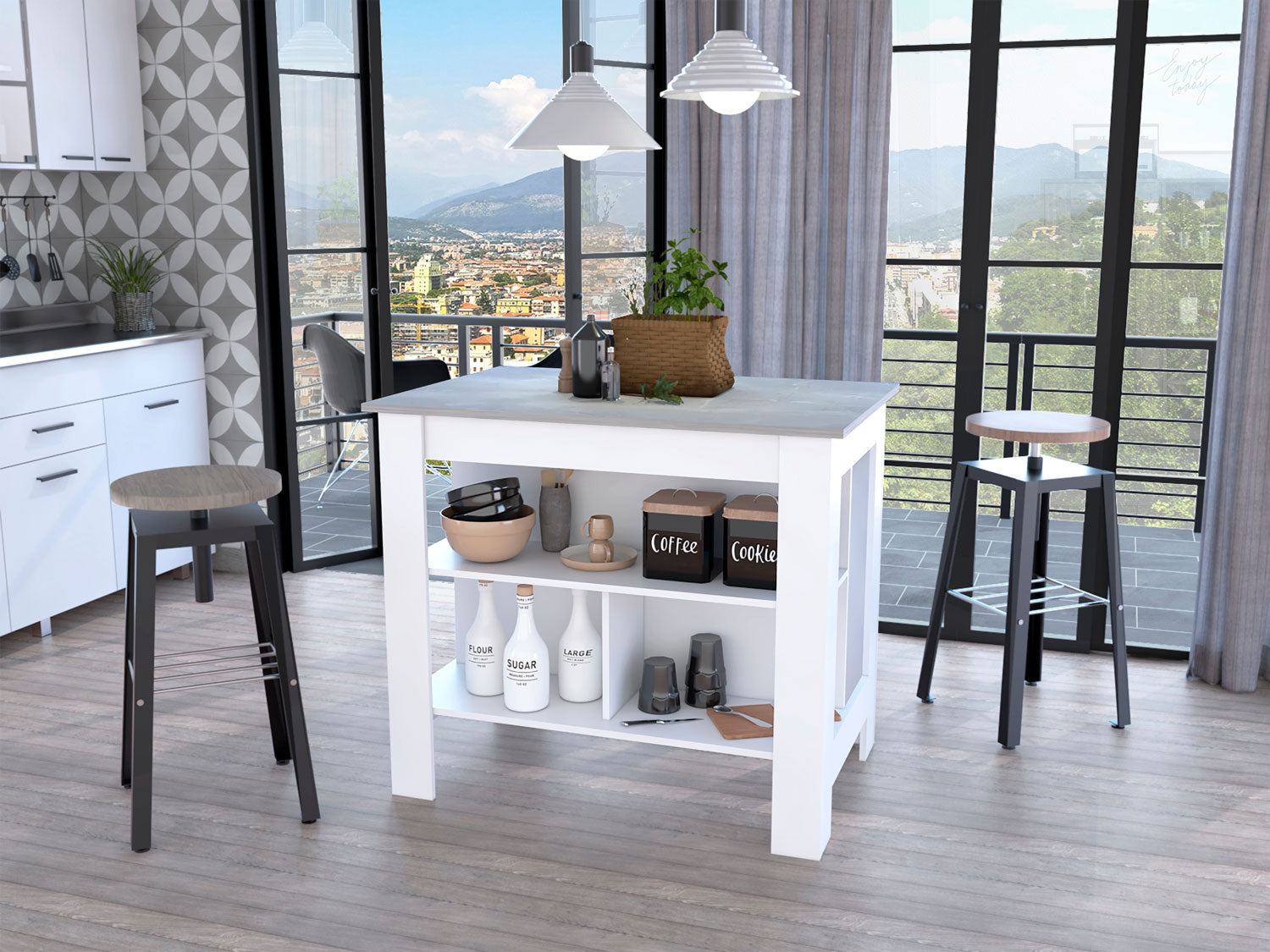 HomeRoots Marble And White Kitchen Island With Three Storage Shelves