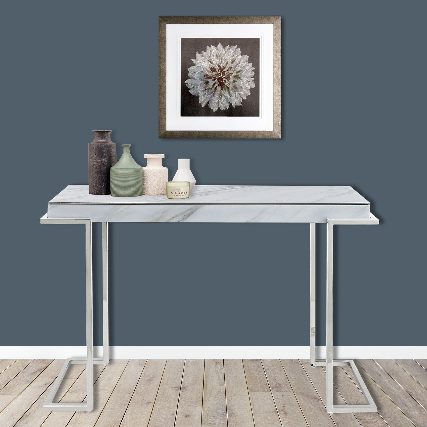 HomeRoots Marble Rectangular Console Table With Silver Finish