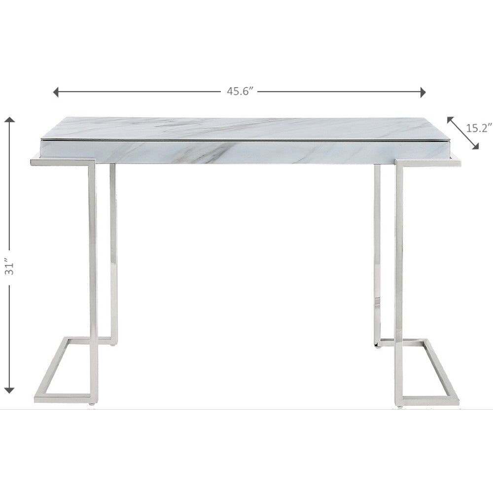 HomeRoots Marble Rectangular Console Table With Silver Finish