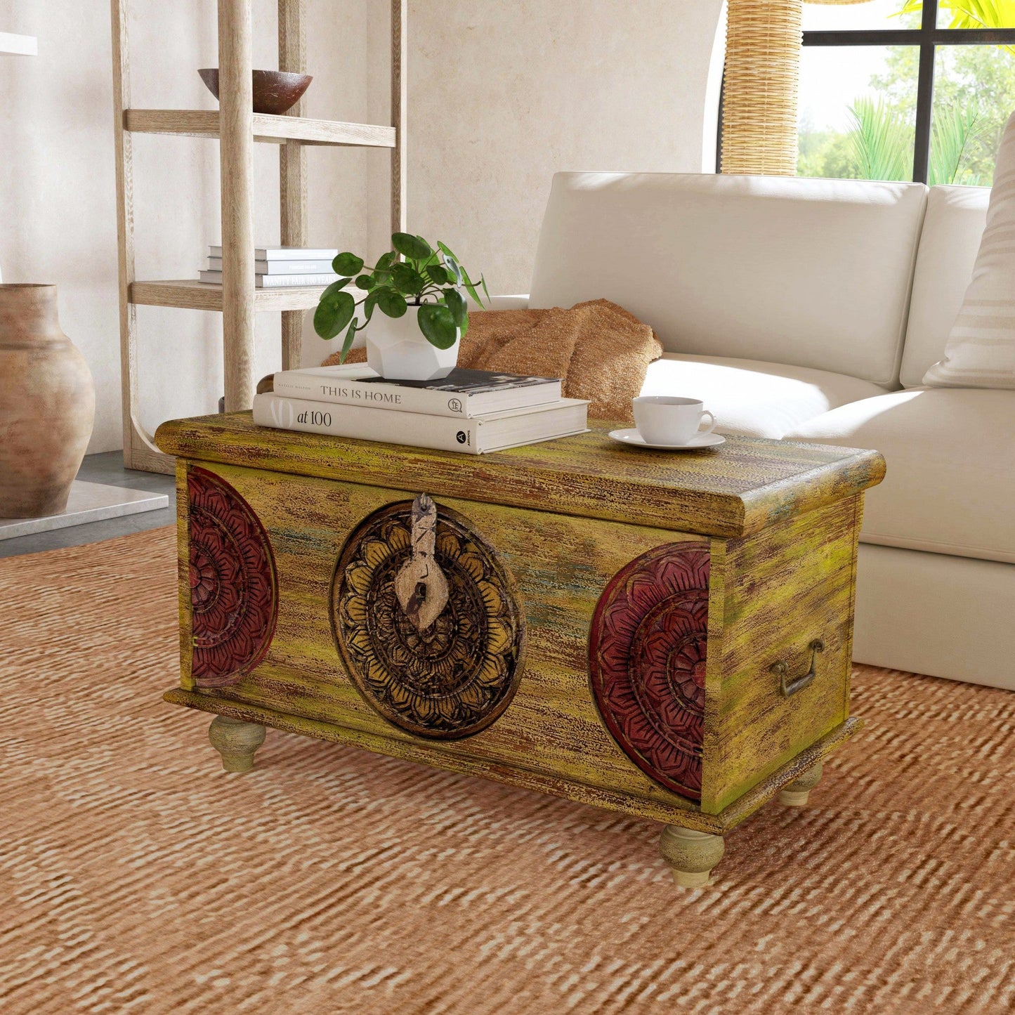 HomeRoots Mesa Carved Wooden Trunk Coffee Table