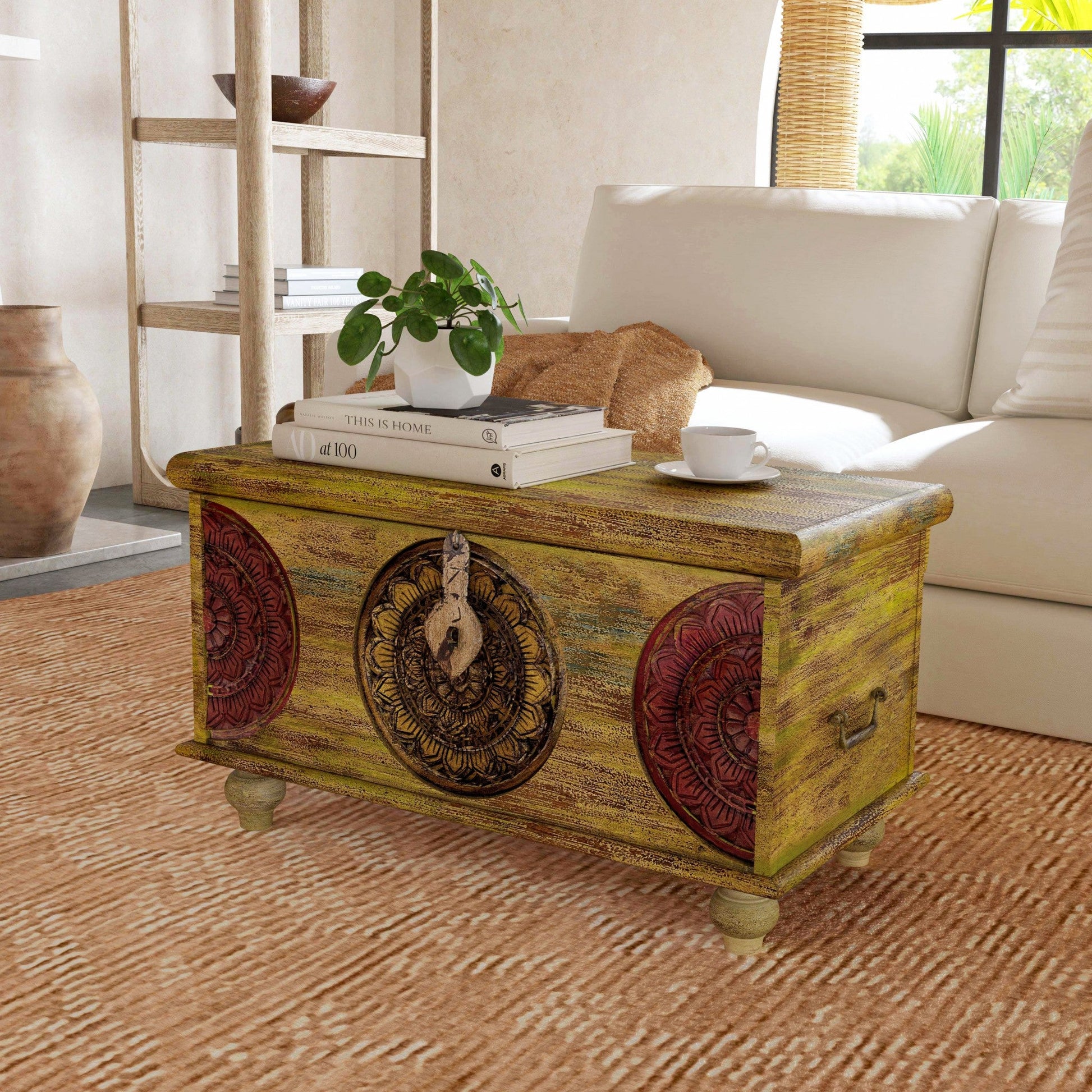 HomeRoots Mesa Carved Wooden Trunk Coffee Table