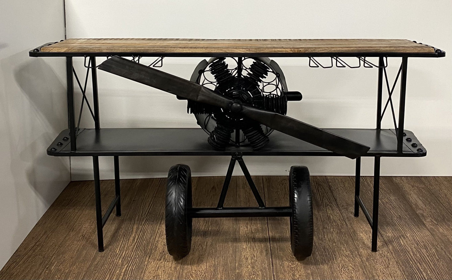 HomeRoots Metal Mango Wood Aeroplane Bar Counter in Black Finish