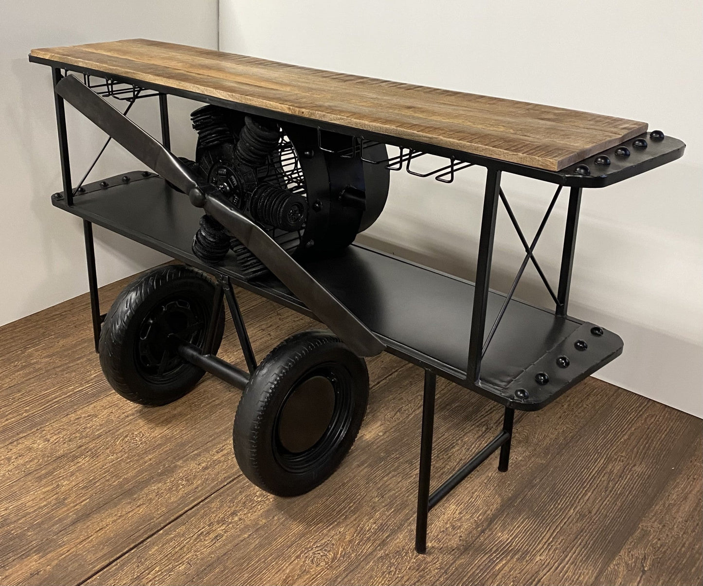 HomeRoots Metal Mango Wood Aeroplane Bar Counter in Black Finish