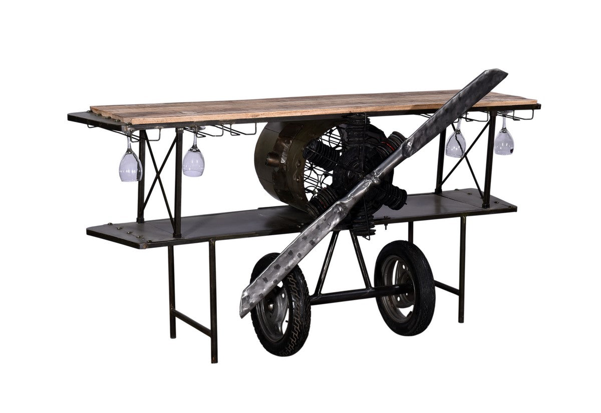 HomeRoots Metal Mango Wood Aeroplane Bar Counter in Black Finish