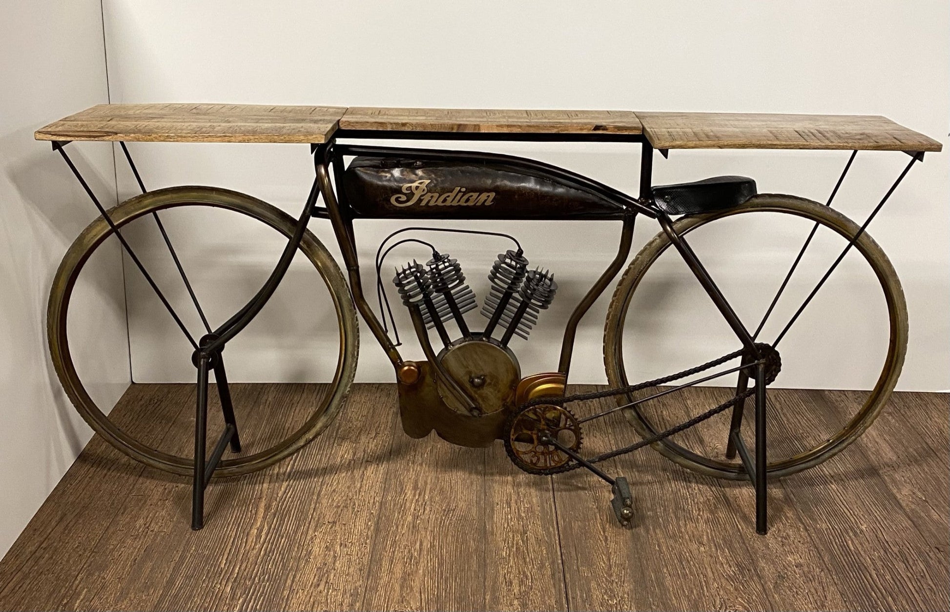 HomeRoots Metal Mango Wood Iconic Vintage Cycle Table With Antiqued Silver Finish