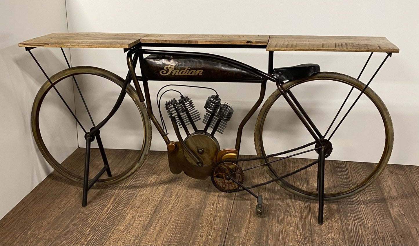 HomeRoots Metal Mango Wood Iconic Vintage Cycle Table With Antiqued Silver Finish