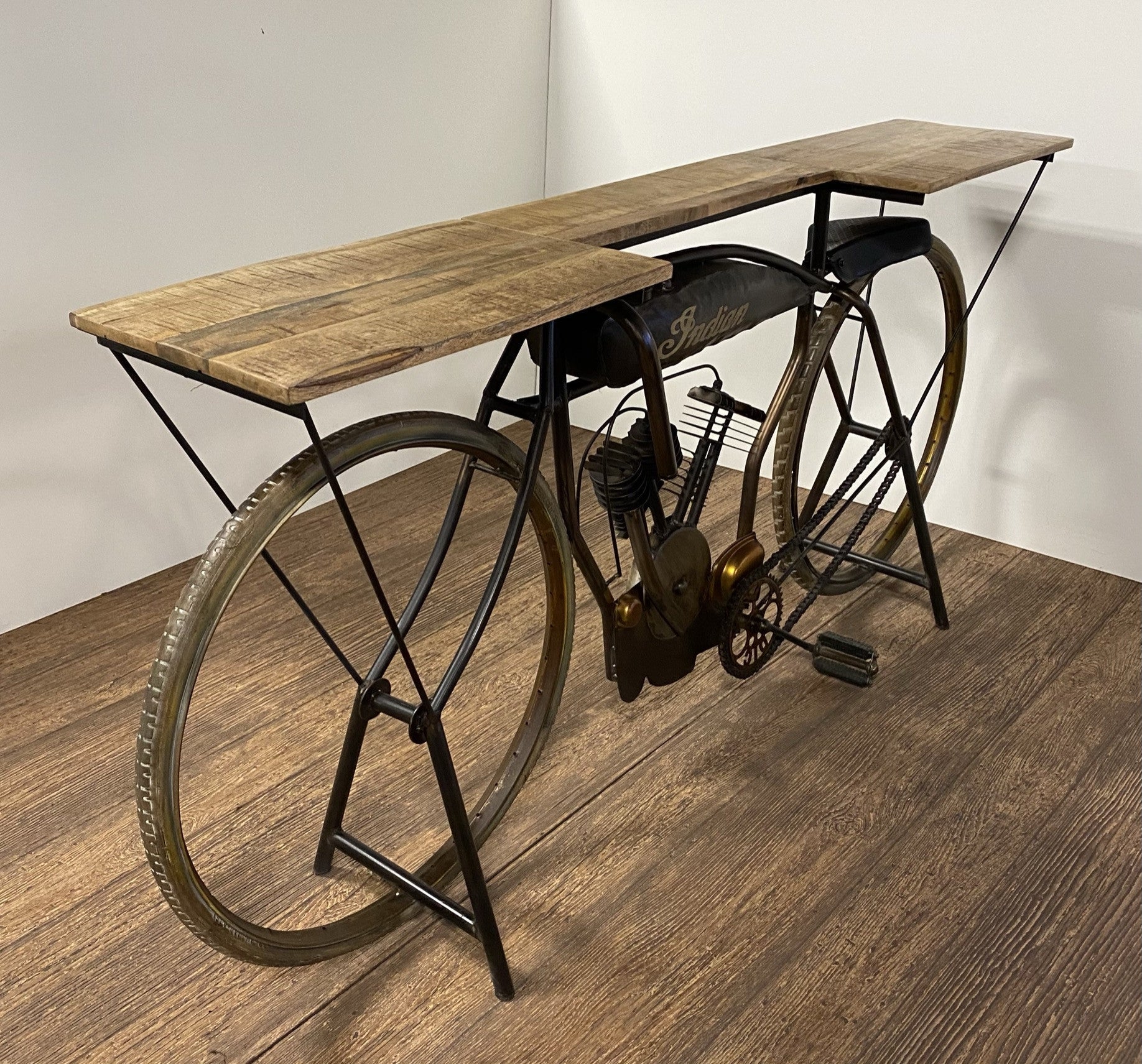 HomeRoots Metal Mango Wood Iconic Vintage Cycle Table With Antiqued Silver Finish