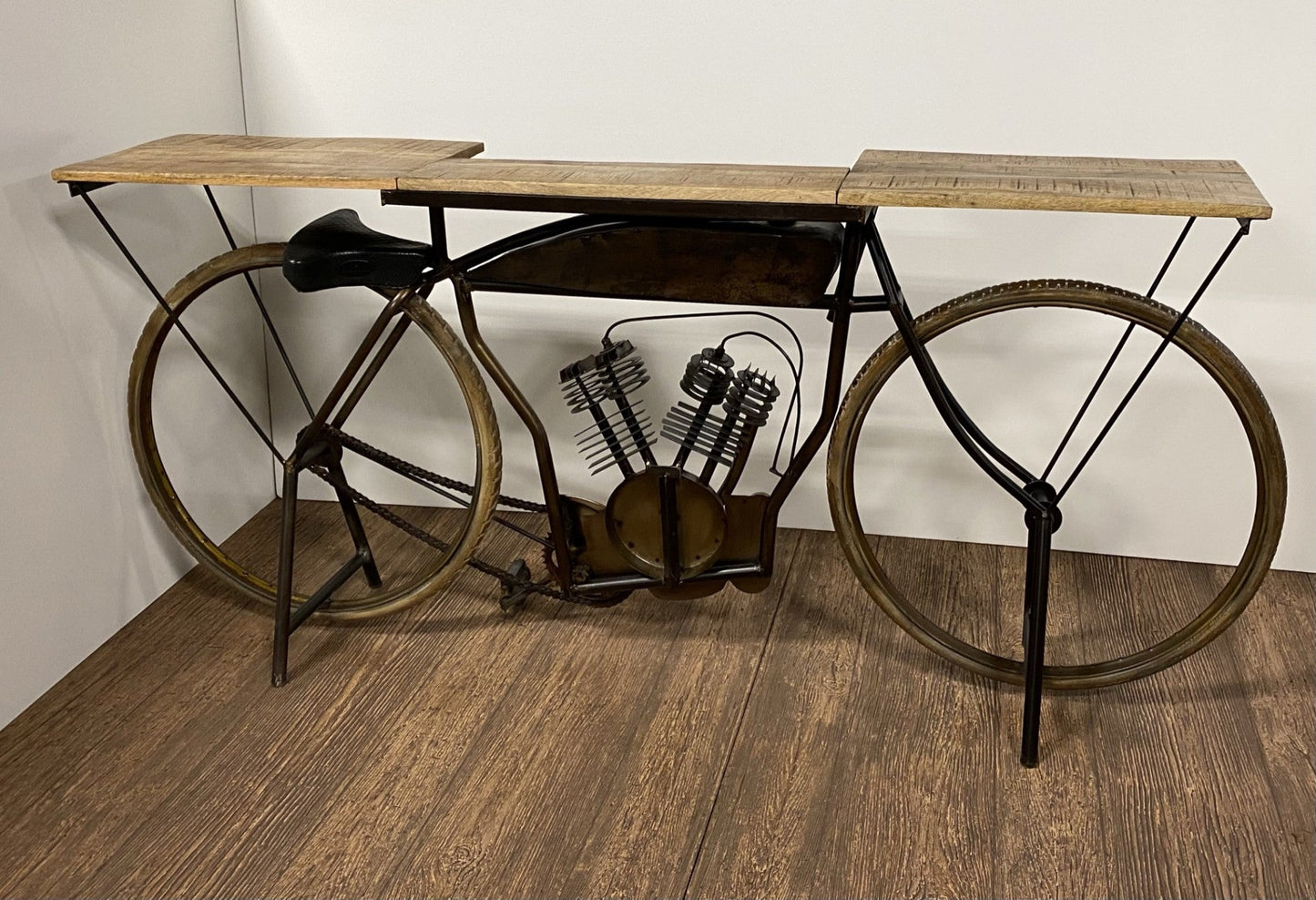 HomeRoots Metal Mango Wood Iconic Vintage Cycle Table With Antiqued Silver Finish