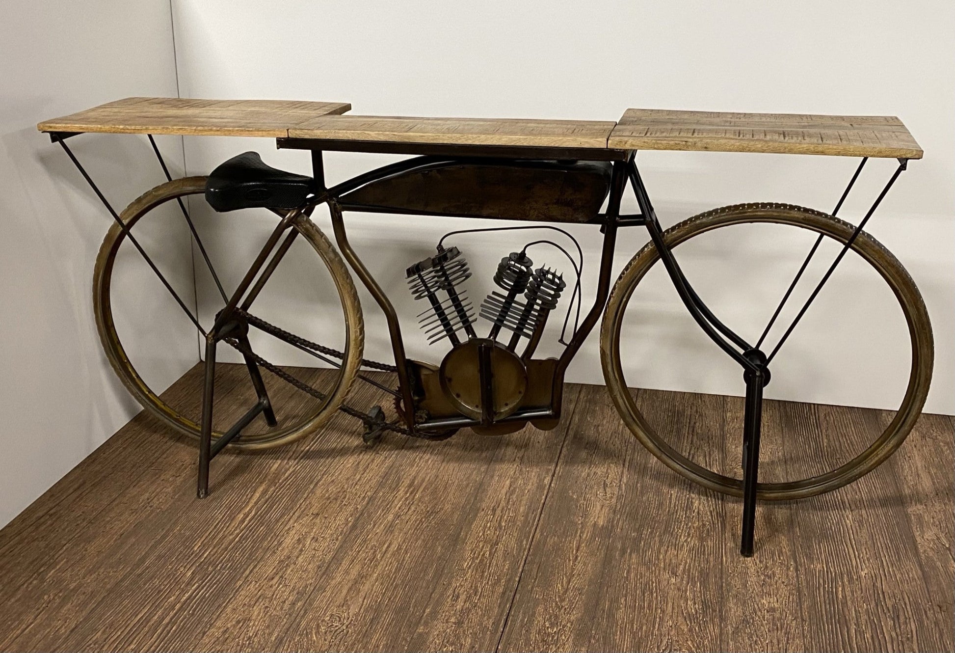 HomeRoots Metal Mango Wood Iconic Vintage Cycle Table With Antiqued Silver Finish