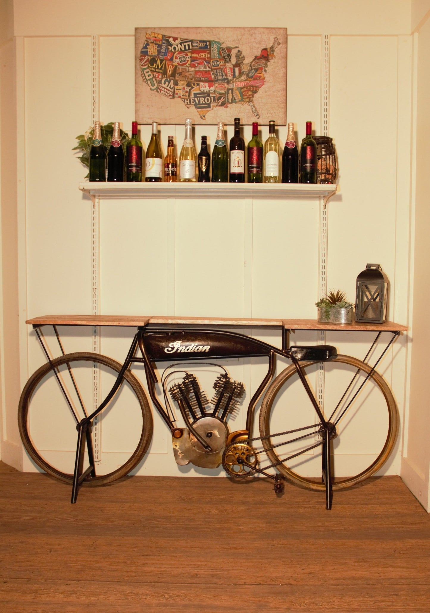 HomeRoots Metal Mango Wood Iconic Vintage Cycle Table With Antiqued Silver Finish