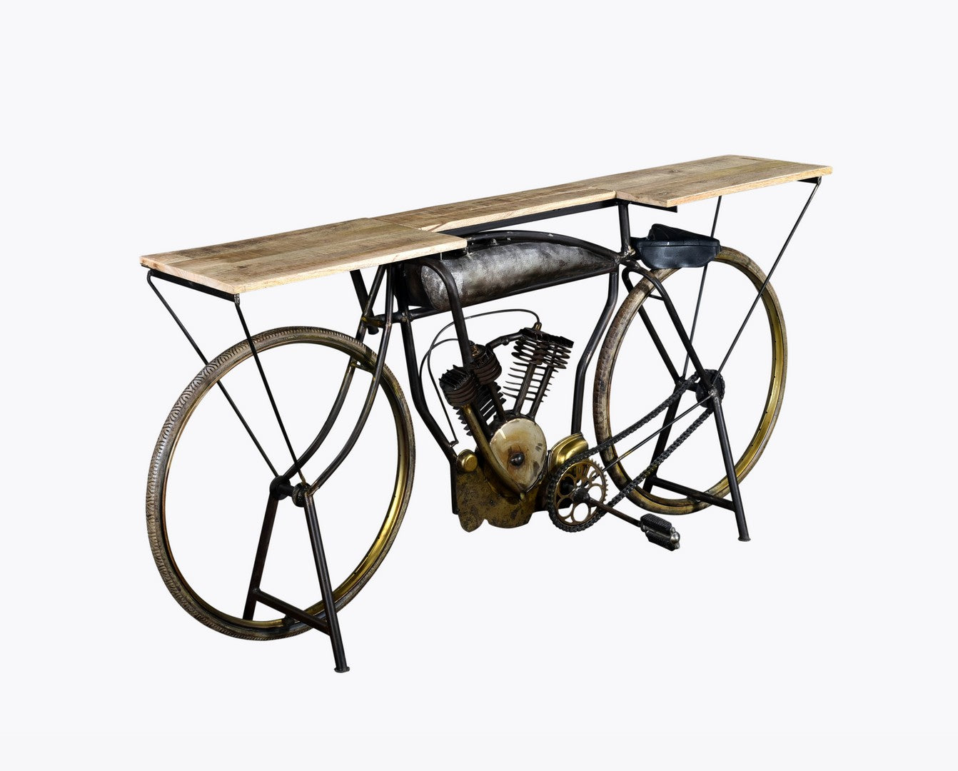 HomeRoots Metal Mango Wood Iconic Vintage Cycle Table With Antiqued Silver Finish