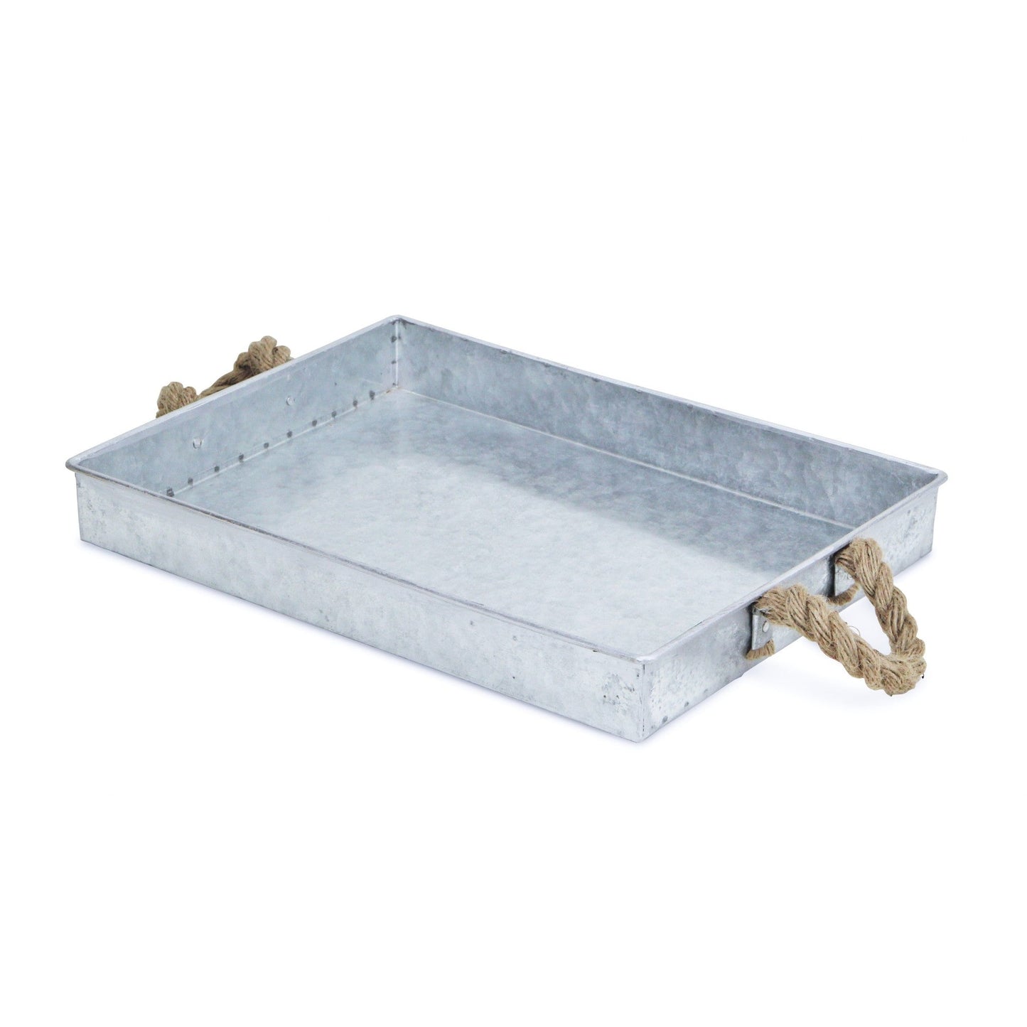 HomeRoots Metal Tray With Rope Handles in Silver Finish