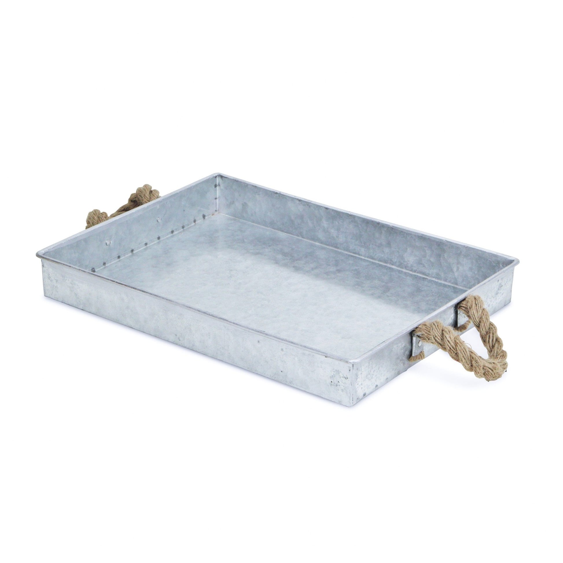HomeRoots Metal Tray With Rope Handles in Silver Finish