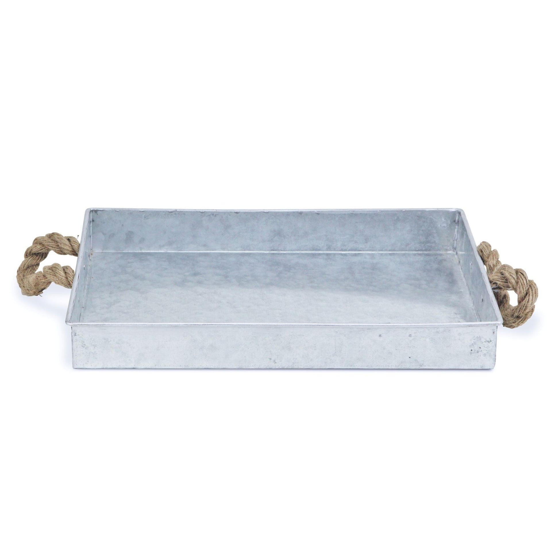 HomeRoots Metal Tray With Rope Handles in Silver Finish