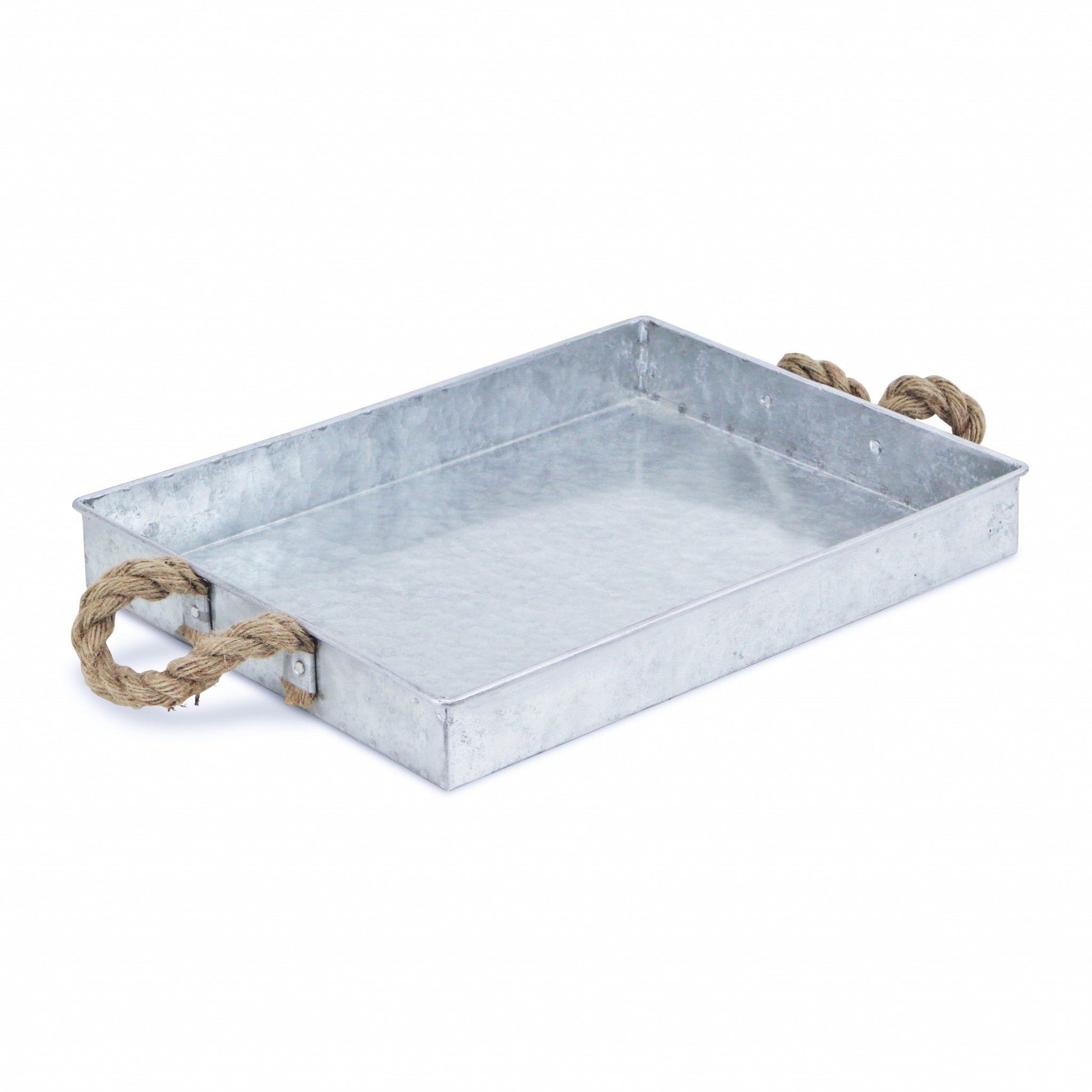 HomeRoots Metal Tray With Rope Handles in Silver Finish