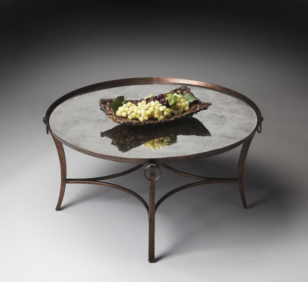 HomeRoots Metal and Mirrored Coffee Table in Copper Finish
