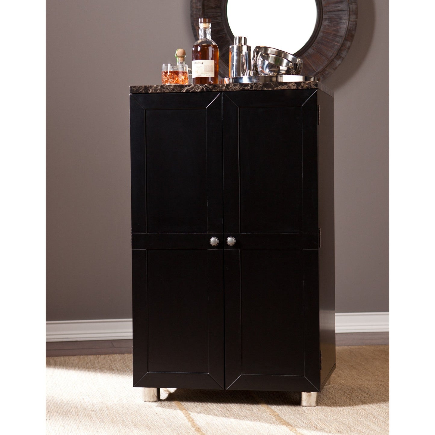 HomeRoots Metro Black Wood And Marble Bar Cabinet
