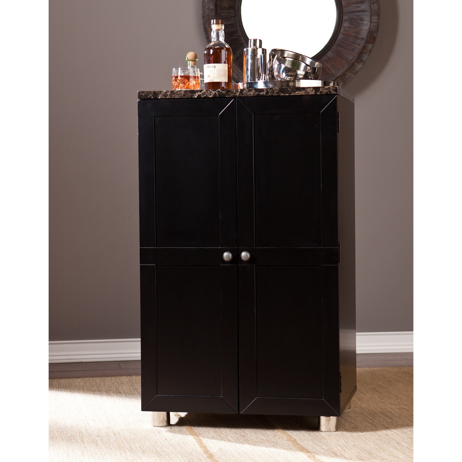 HomeRoots Metro Black Wood And Marble Bar Cabinet