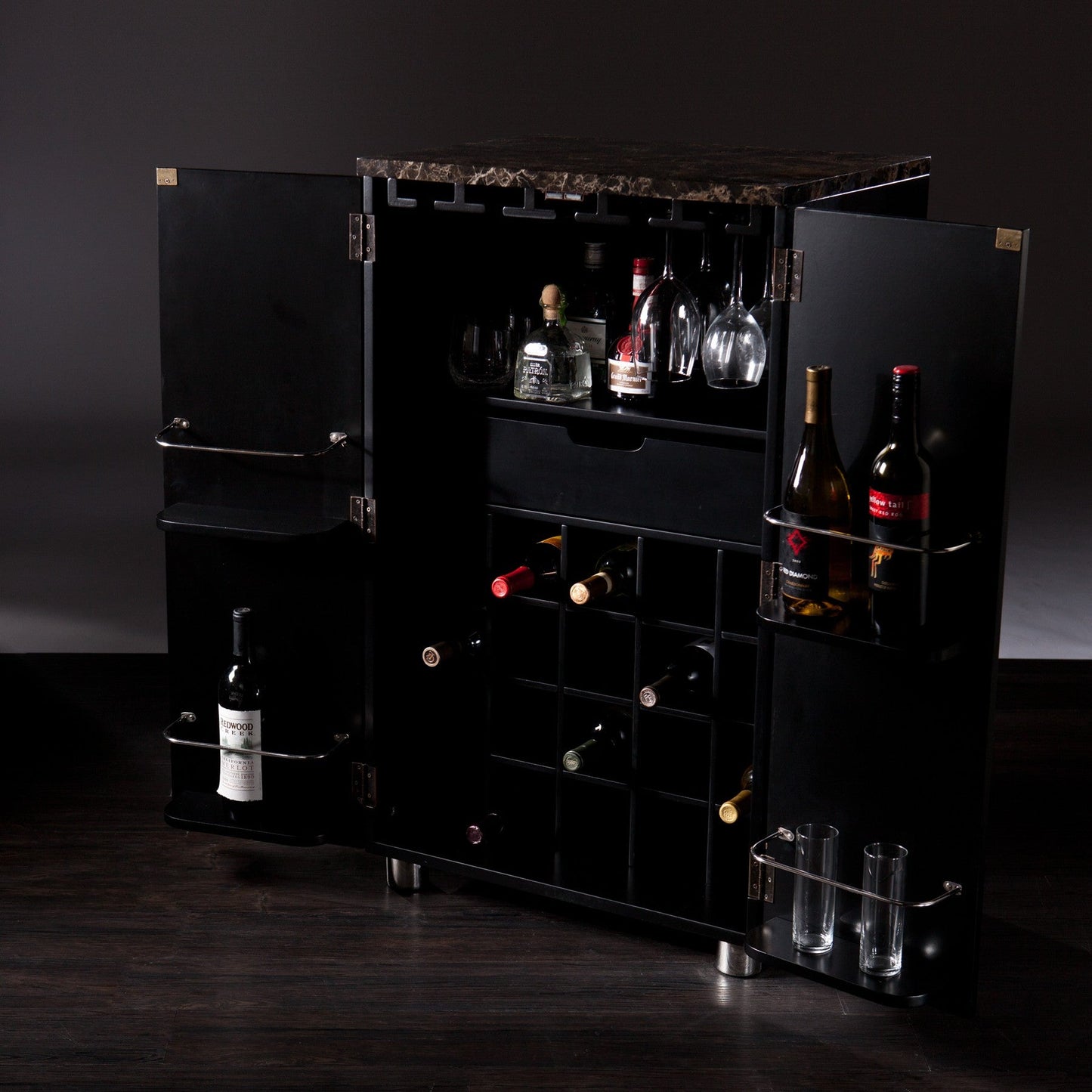 HomeRoots Metro Black Wood And Marble Bar Cabinet