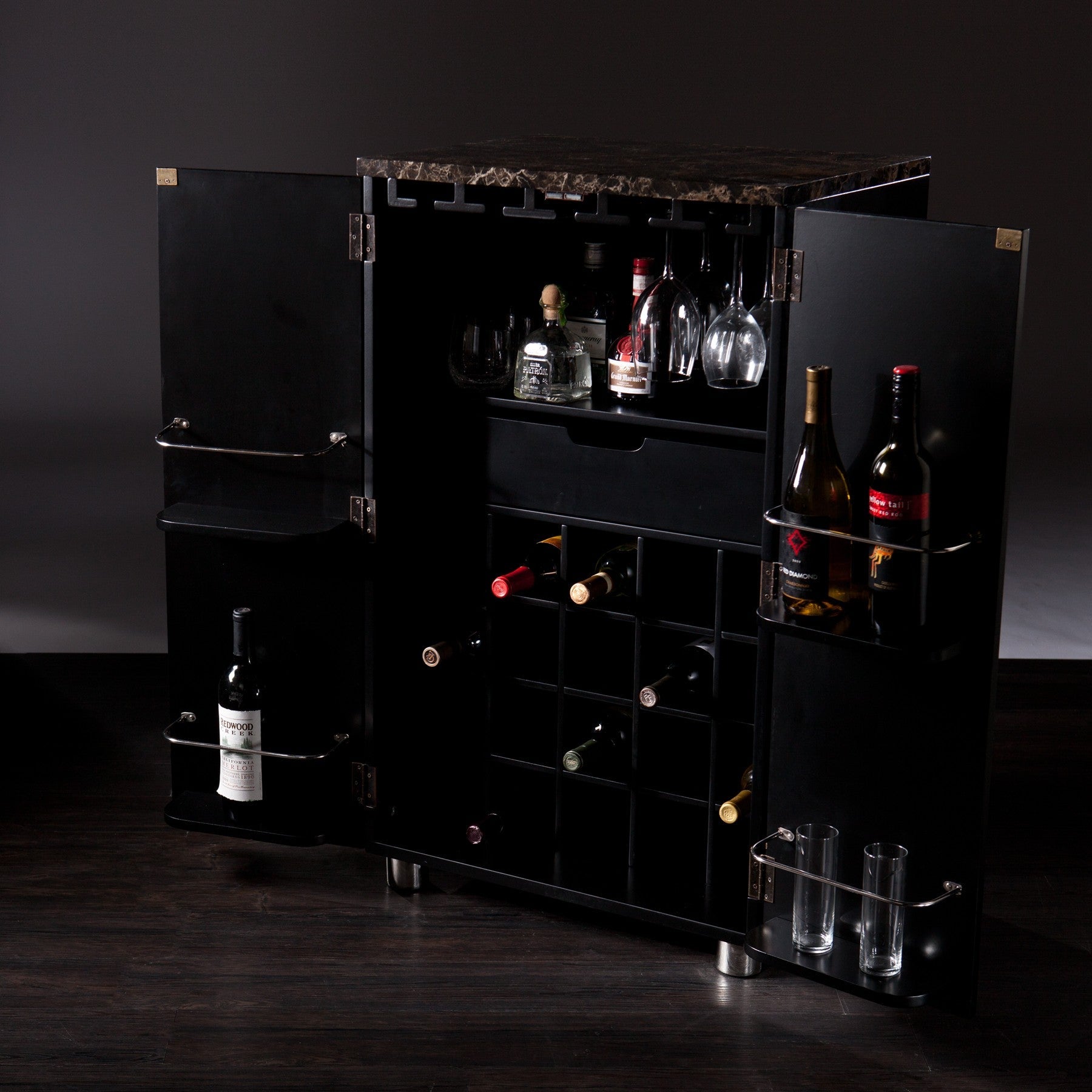 HomeRoots Metro Black Wood And Marble Bar Cabinet