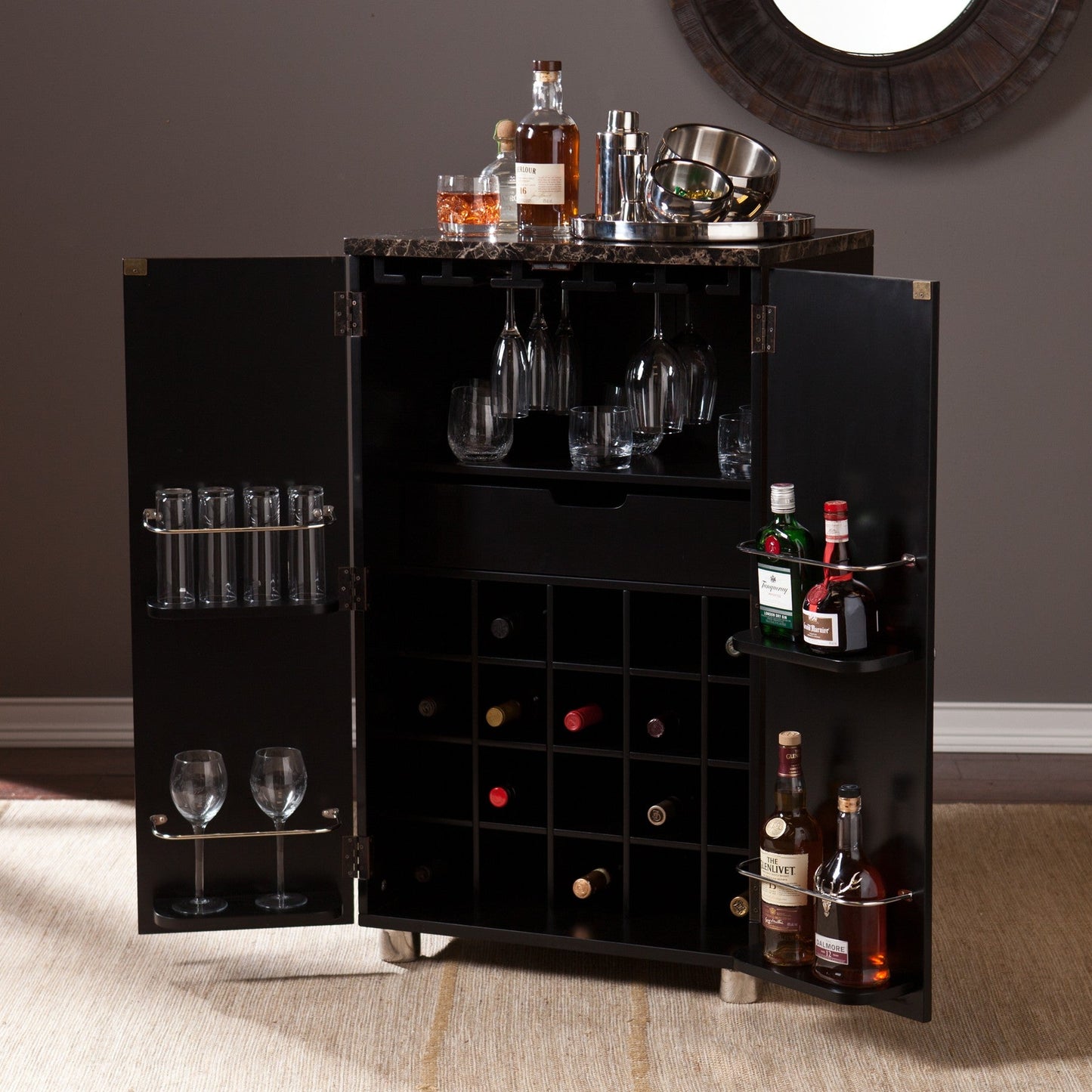 HomeRoots Metro Black Wood And Marble Bar Cabinet