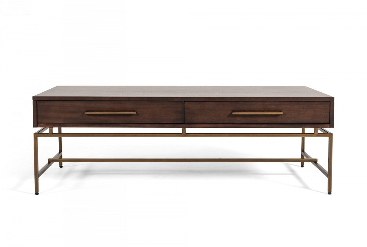 HomeRoots Mid-Century Modern Acacia Coffee Table With Brass Base