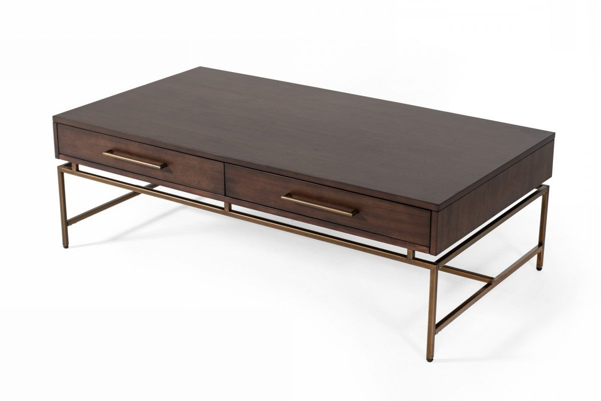 HomeRoots Mid-Century Modern Acacia Coffee Table With Brass Base