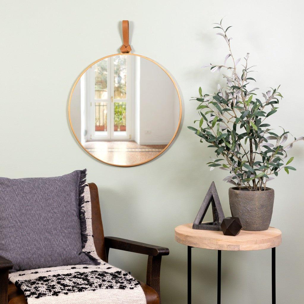 HomeRoots Minimalist Gold Round Mirror with Leather Strap